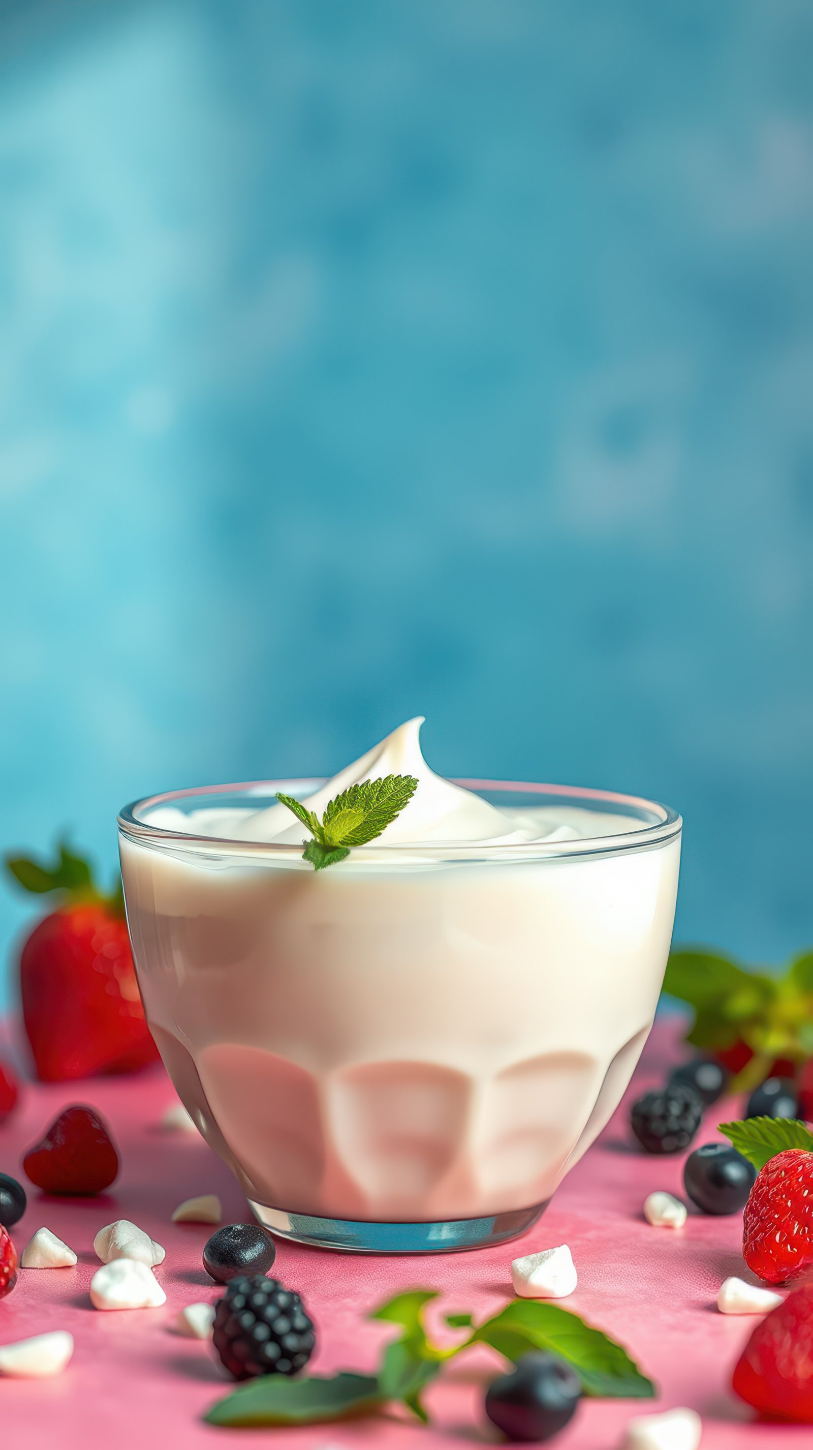 Creamy dessert topped with mint and surrounded by fresh berries on a colorful background